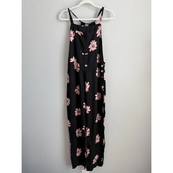 Wildfox Swim Daisy Overall Jumpsuit Black Pink Floral Wide Leg Sample Coverup S - Image 3