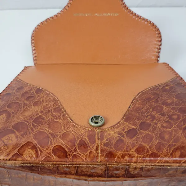 Vintage Womens Genuine Alligator Skin Leather Clutch Purse Cognac Brown Handmade - Image 13