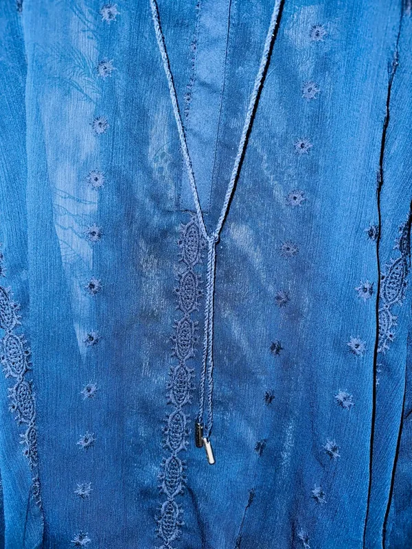 Democracy Navy Blue Sheer Embroidered V-Neck Blouse - Image 4