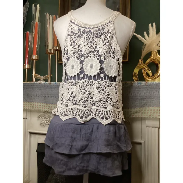 Entro Women Blue Tiered Ruffle Crochet Lace Halter Top T4462 Large - Image 4