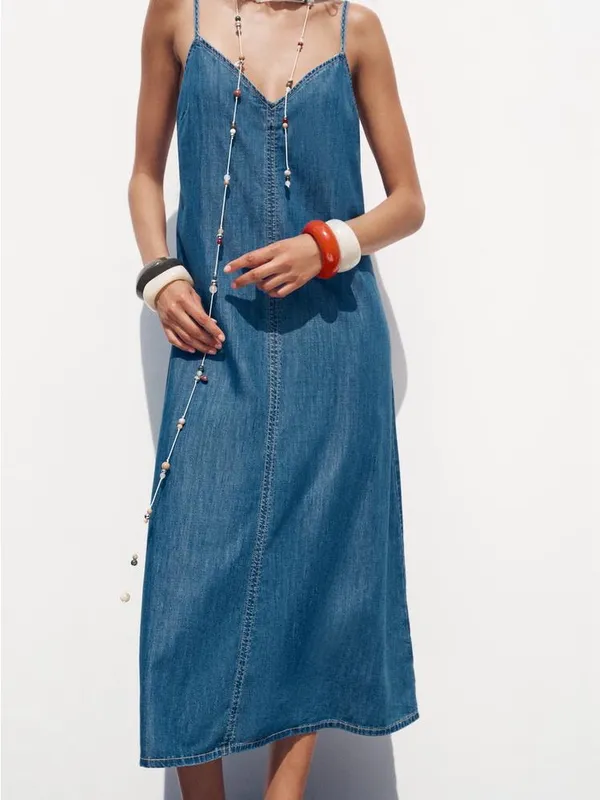Zara Denim Slip Midi Dress in Blue - Image 2
