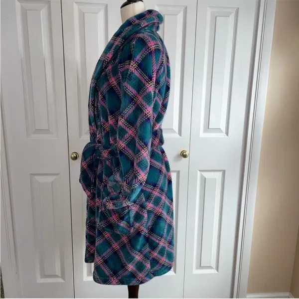 NEW Victoria's Secret Cozy Plush Short Robe Jade Plaid Womens Size Medium Large - Image 7