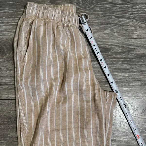Briggs Womens Small Pants‎ Tan White Striped Wide Leg Linen Blend Elastic Waist - Image 7