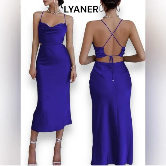 Lyaner Navy Blue Satin Midi Dress Cut Out Strappy Sexy Formal Wedding Event - Image 2