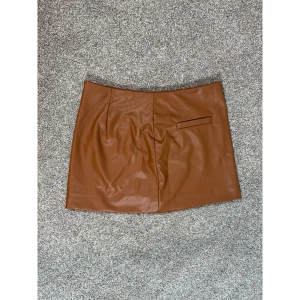 A New Day Cognac Faux Leather Mini Skirt Brown Size 12 Welt Pockets Mini Skirt - Image 5