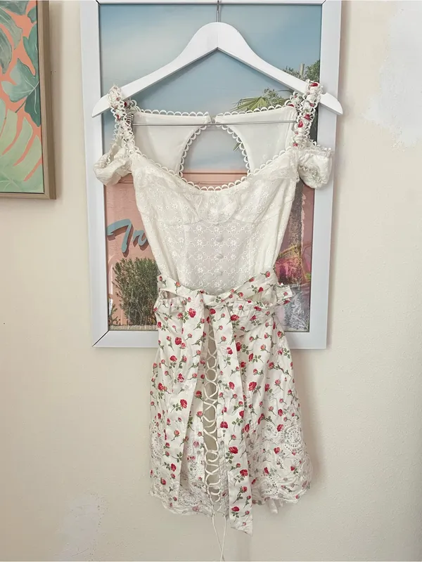 For Love & Lemons Baela Lace-Up Bustier Rose Floral Eyelet Mini Dress in XS - Image 4