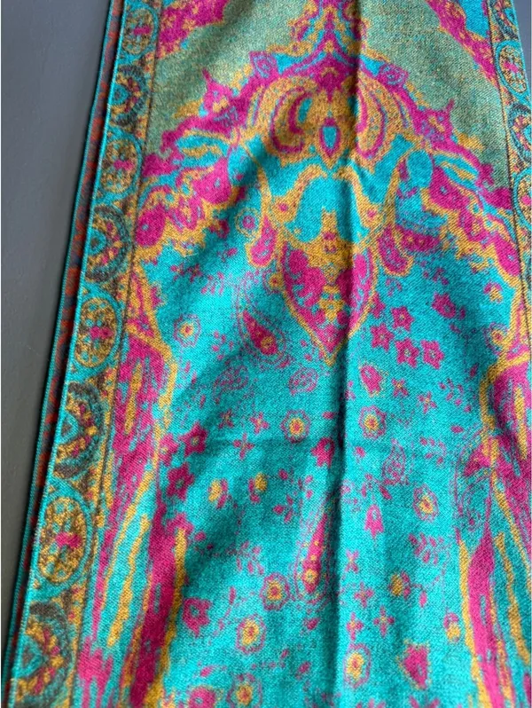 100% Silk Turquoise and Coral Floral Shawl Wrap - Image 4
