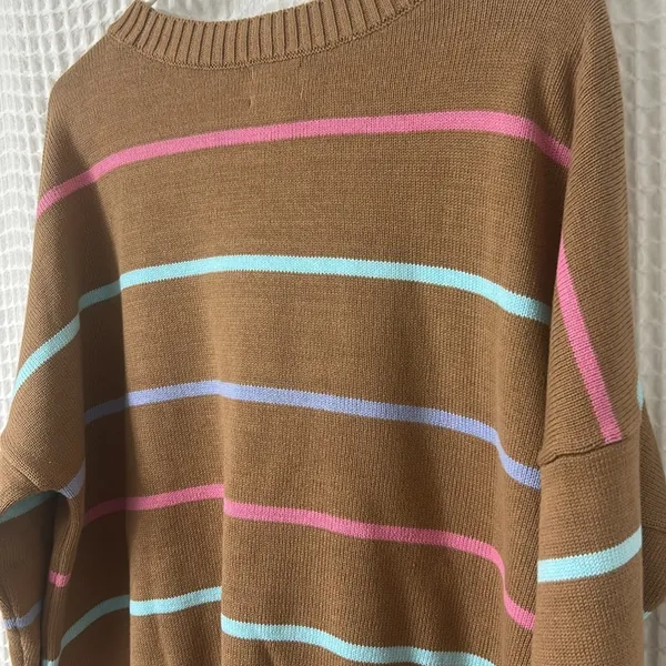 Lands End Women's Drifter Easy Fit Sweater Honey Beige Multi Stripe Large Cotton - Image 9