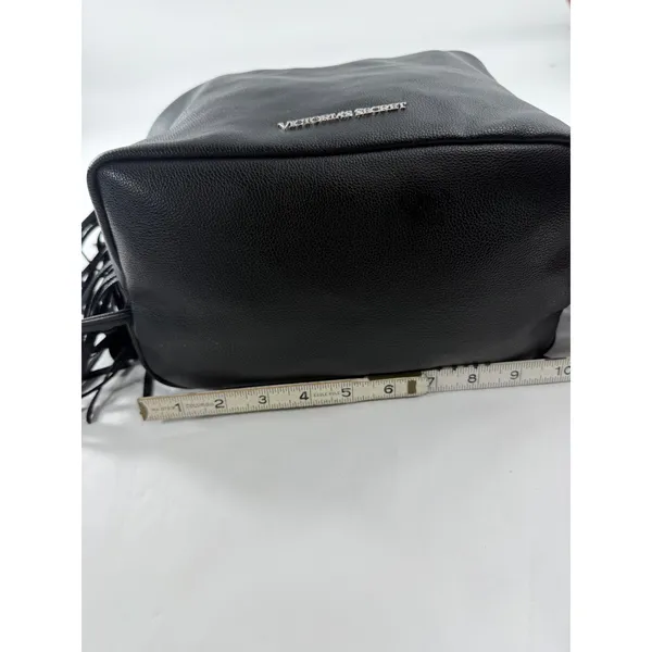 Victoria's Secret Black Pebbled Faux Leather Fringe Drawstring Bucket Bag Silver - Image 8
