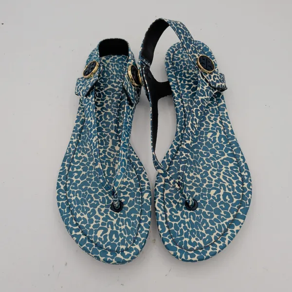 Tory Burch Minnie Travel Sandal Blue Leopard Print‎ Leather Thong Slingback 8M - Image 4