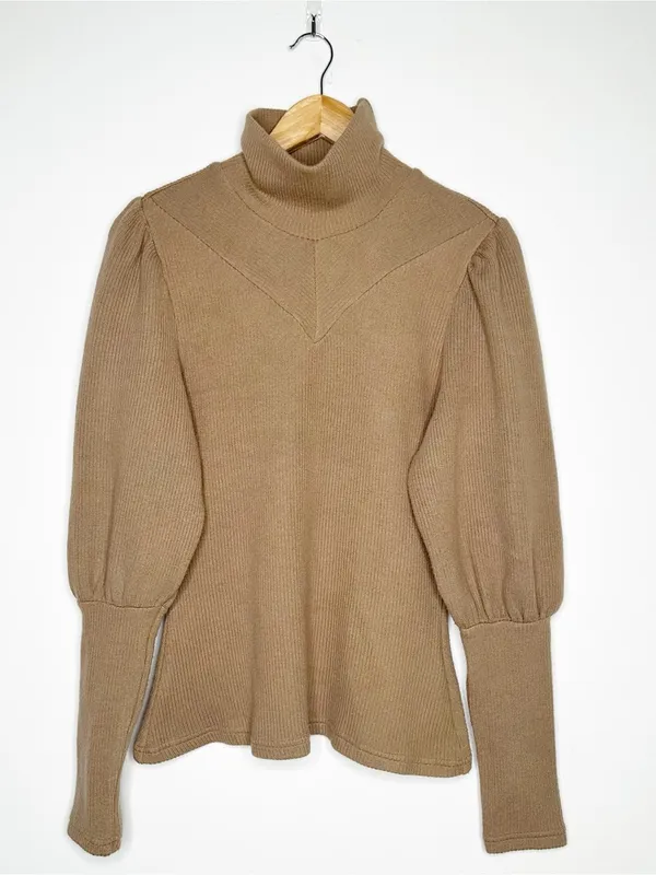 Walter Baker Brown Ribbed High Neck Puff Sleeve Knit Sweater Size Large - Image 3
