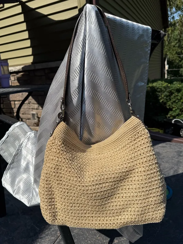 The Sak Crocheted Shoulder/ Hobo Bag, Tan/Khaki, Brown Leather Trim - Image 3