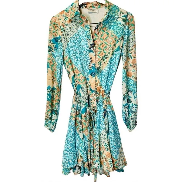 Dress Forum LA Patchwork Jade Belt‎ Floral Mini Shirt Dress Bubble Sleeve S - Image 4