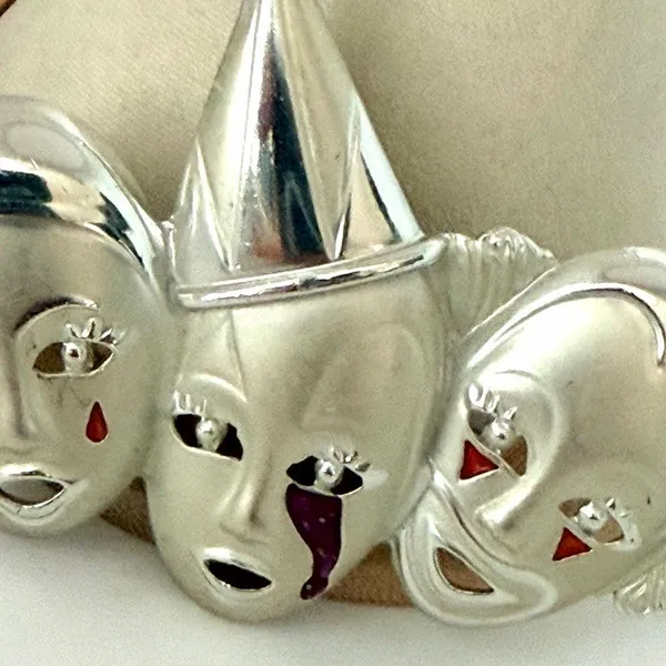 Vintage Silver Tone Triple Clown Theater Mask Enamel Brooch - Image 3