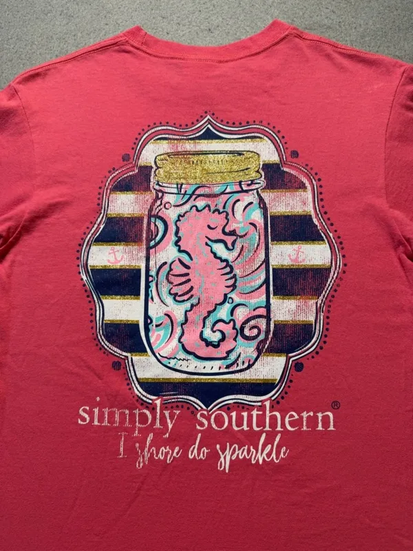 Simply Southern Pink Tee Small “I Shore Do Sparkle” Sea Horse Cute T-Shirt - Image 4
