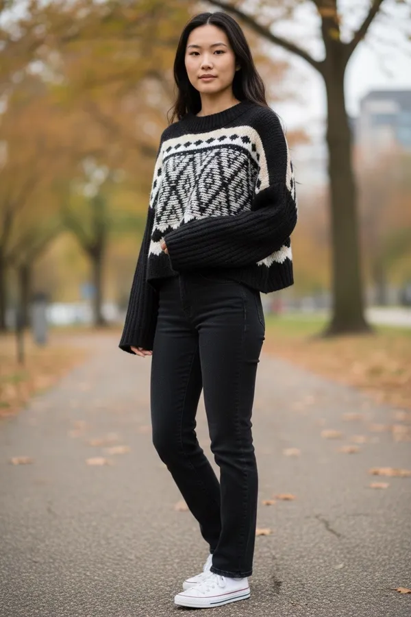 Altar'd State Geometric Fair Isle Cropped Sweater Black White Size M - Image 2
