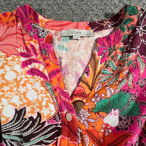LOFT Floral Mini Dress Womens MP Pink Orange Patchwork Smocked V-Neck Tropical - Image 6