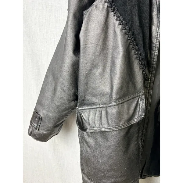 Vintage Comint‎ Mixed Leather Suede Coat 1X Oversized Drawstring Black - Image 3