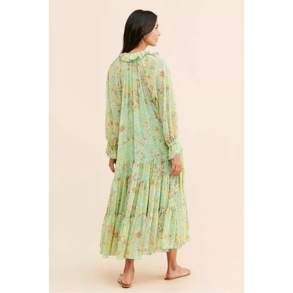 Free People Feeling Groovy Maxi Dress Size XS 70s Chartreuse Floral Bohemian - Image 4