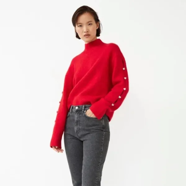NWT & Other Stories Red Mohair Wool Rhinestone Cropped Sweater XS - Image 2