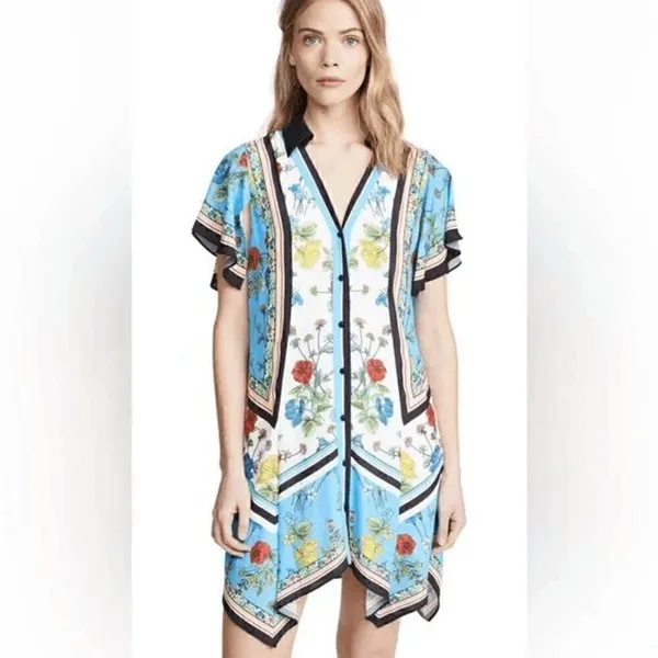 Alice + Olivia Blue Conner Floral-Print Handkerchief Button Shirtdress, XS - Image 10