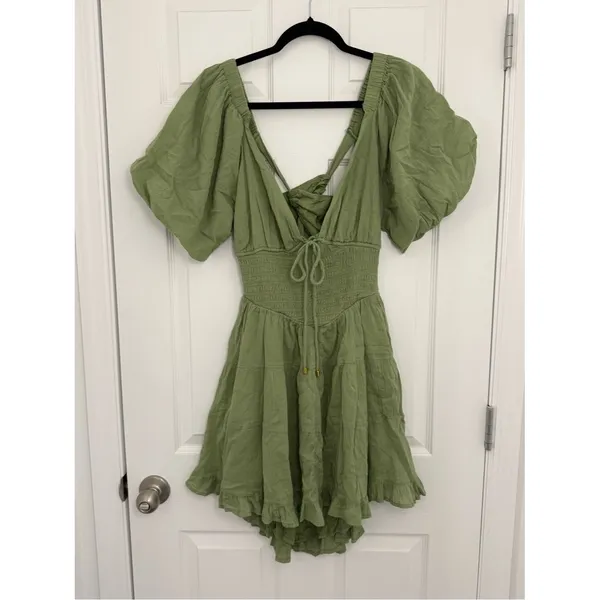 Free People Perfect Day Cotton Mini Dress Womens Medium Olive Green Deep V Neck - Image 2
