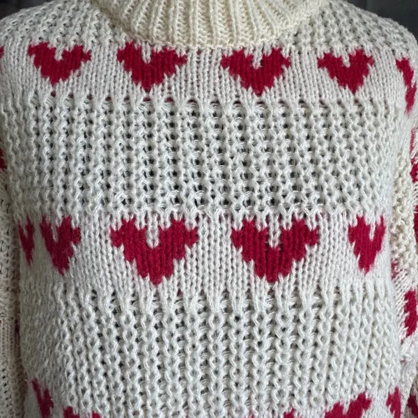 Womens Cream Red Heart Chunky Knit Mock Neck Sweater Pullover Small 0787 - Image 8