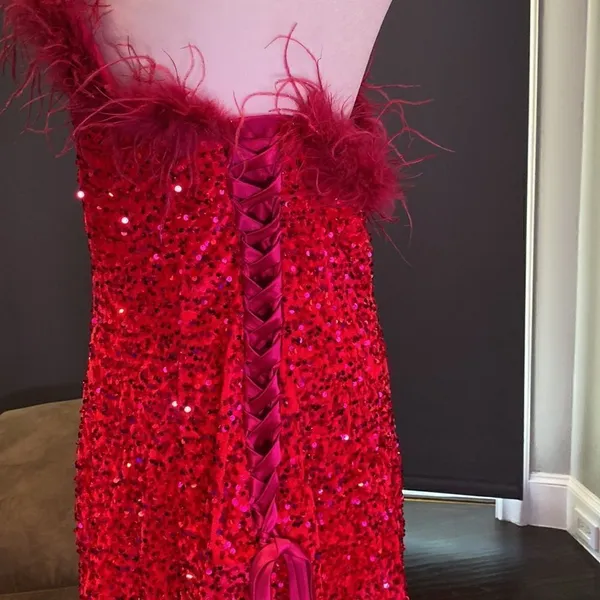 Women’s Pink Short Feather & Sequin One Shoulder Prom Party Dress Size 14 *READ - Image 7