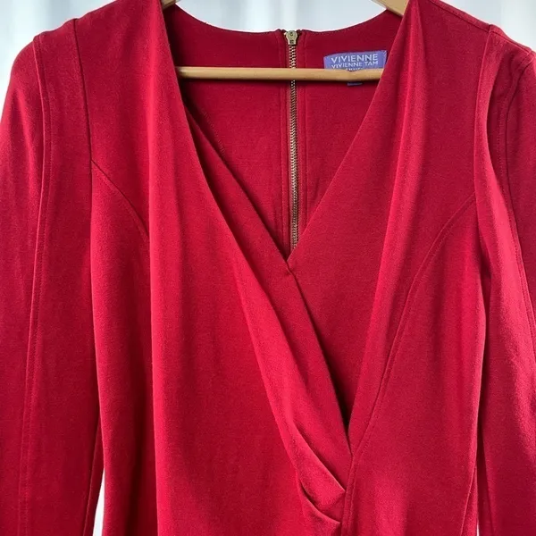 Vivienne Vivienne Tam Long Sleeve V Neck Bodycon Dress in Red Size Medium‎ - Image 2