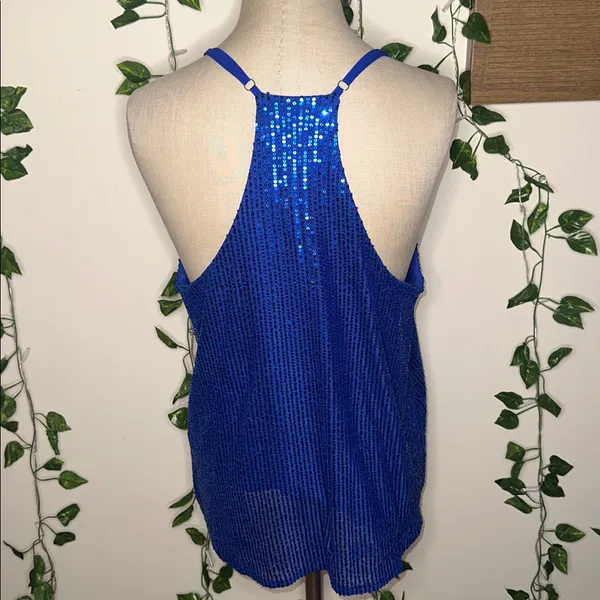 Double Lined Blue Sequin Flowy Tank Top Size M - Image 2