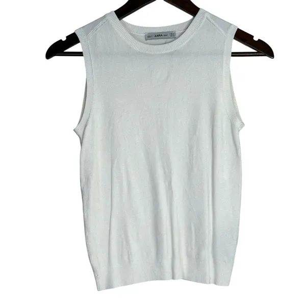 Zara Ribbed Hem Soft Knit Sleeveless Crew Neck Stretch Tank Top Small White - Image 2