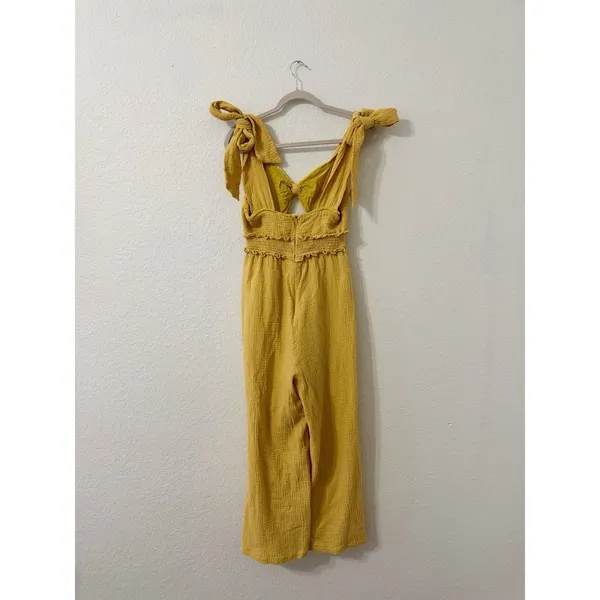 Mable Mustard Yellow Gauze Tie Strap Cutout Wide Leg Jumpsuit Size M - Image 3