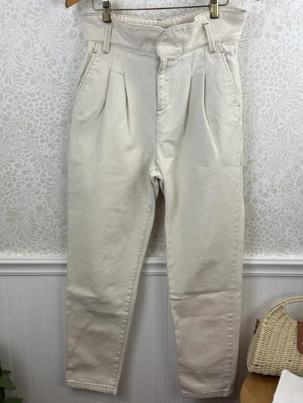 Sezane Francky Ecru Cream Peated Front Wide Band Trousers - Size - 29 - Image 6