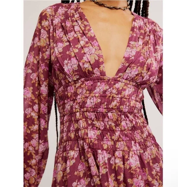 Free People Mauve Keep You Floral Smocked V Neck Mini Dress Berry Combo S - Image 5