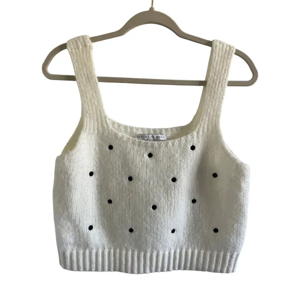 English Factory Polka Dot Knit Sweater Tank Cream with Black Sleeveless Large - Image 2