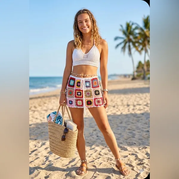 Crochet Patchwork Mini Skirt - Multicolor size XS to small lined - Image 2