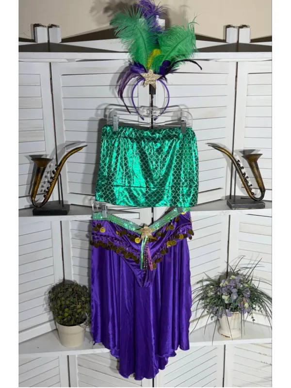 Vintage mermaid queen Halloween costume top bodysuit dress headband beaded L - Image 2