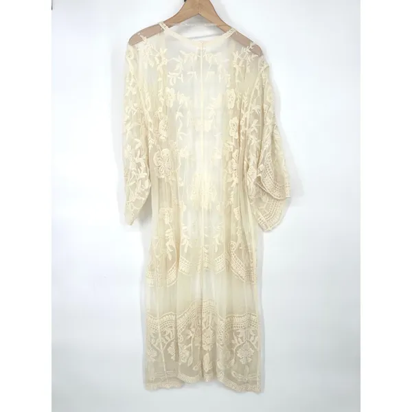 Time & Tru Lace Kimono Women S-M Cream Sheer Embroidered Coverup Boho Ethereal - Image 4