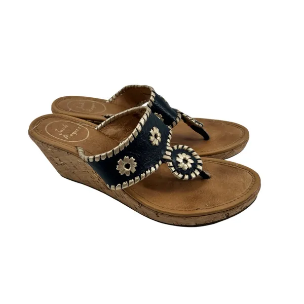 Jack Rogers Marbella navy blue leather cork wedge thong flip flop sandal size 8 - Image 2