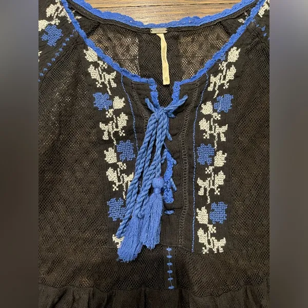 Free People transparent black blue embroidered tassel blouse women’s size XS - Image 7