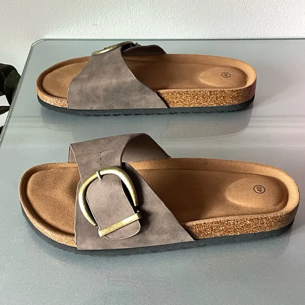 Taupe Buckle Slide Sandals Women’s EU 40 Faux Leather Comfort Casual Flat - Image 3