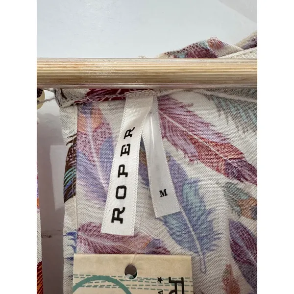 Roper Long Sleeve Multi Color Feather Print Rayon Dress‎ Medium NWT Western Mini - Image 3