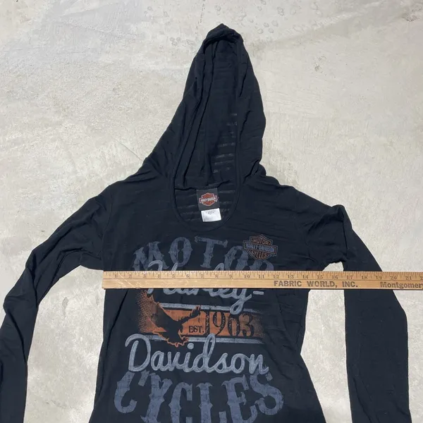 Harley Davidson Black Long Sleeve Top w/ Hoodie Pelham AL SZ L Motorcycle - Image 6