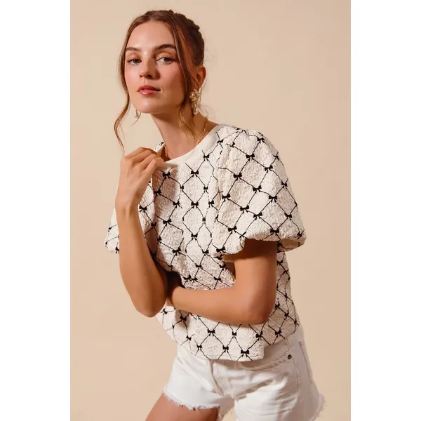 SO ME Bow Texture Woven Bubble‎ Sleeve Top - Ivory - Large - Image 4