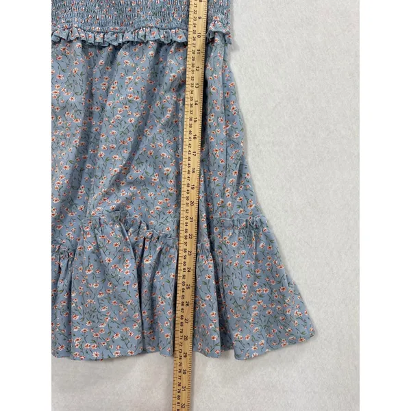 Light Blue Floral Smocked Mini Dress Ruffle Sleeve Women Small H2F367‎ - Image 3