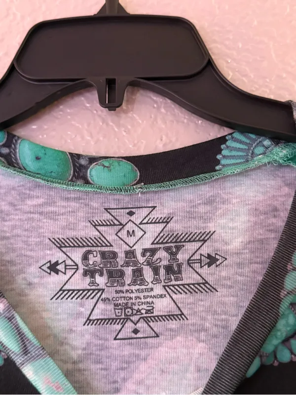 Crazy Train Turquoise Jewelry Print Western Boutique Raglan Top Medium M Cowgirl - Image 8