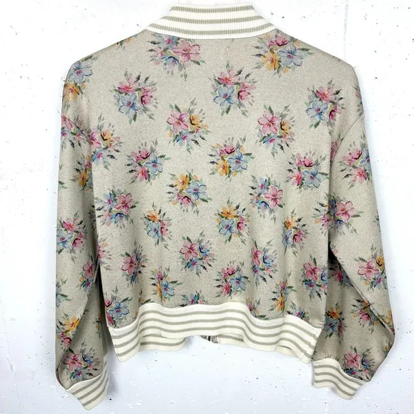 Anthropologie Maeve Lurex Floral Print Metallic Knit Bomber Jacket Size Small - Image 3