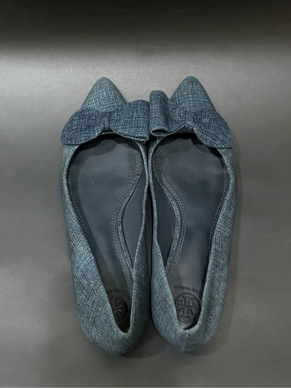 TORY BURCH Rosalind Navy Blue Denim Print Textured Suede Ballet Flats Size 8M - Image 6