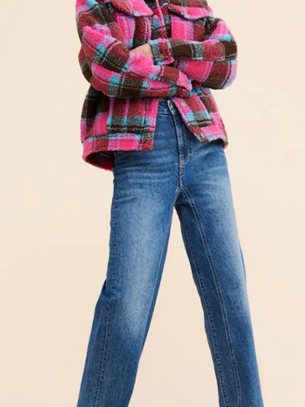APPARIS Women XS Plaid Sherpa Teddy Trucker Jacket Pink Blue Faux Shearling - Image 3