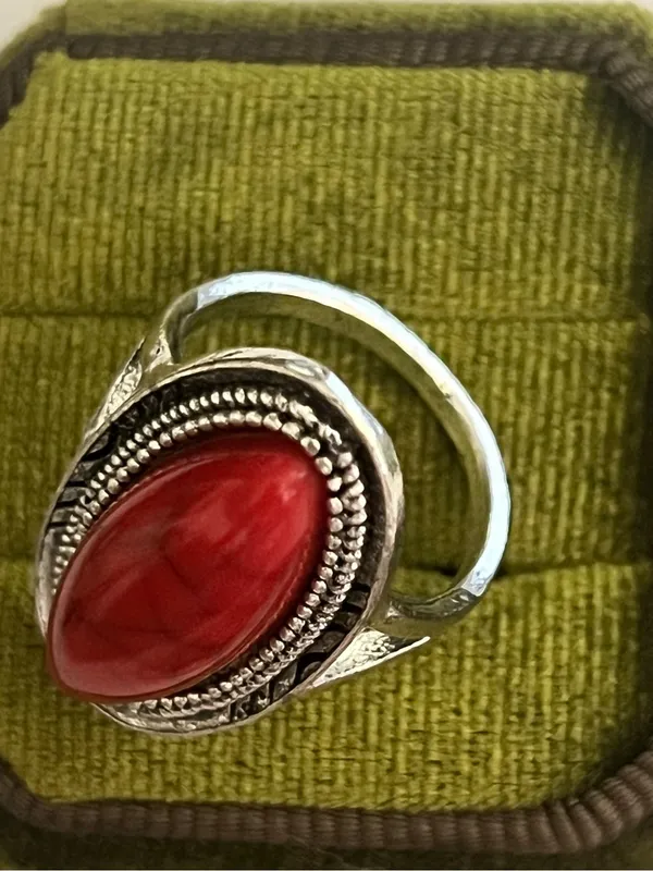 Boho/Design Red Oval Turquoise Stainless Steel Silver Statement Ring Size 8 - Image 3